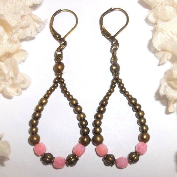 Hoops Boho Style Earrings Bronze and Pink Teardrop Dangle Drop Jewelry Gift 7019 - Picture 1 of 9